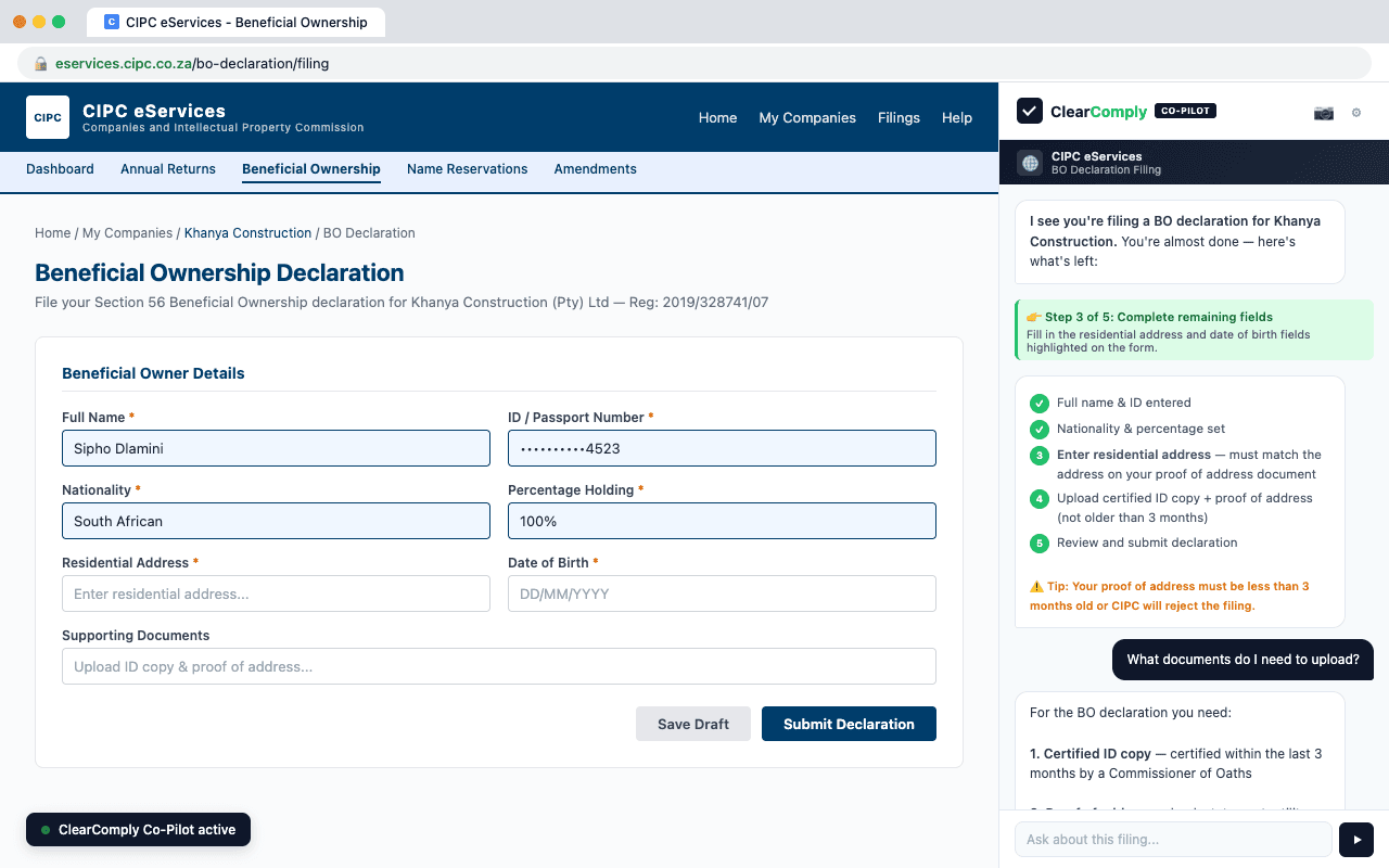 ClearComply Co-Pilot sidebar alongside the CIPC eServices portal